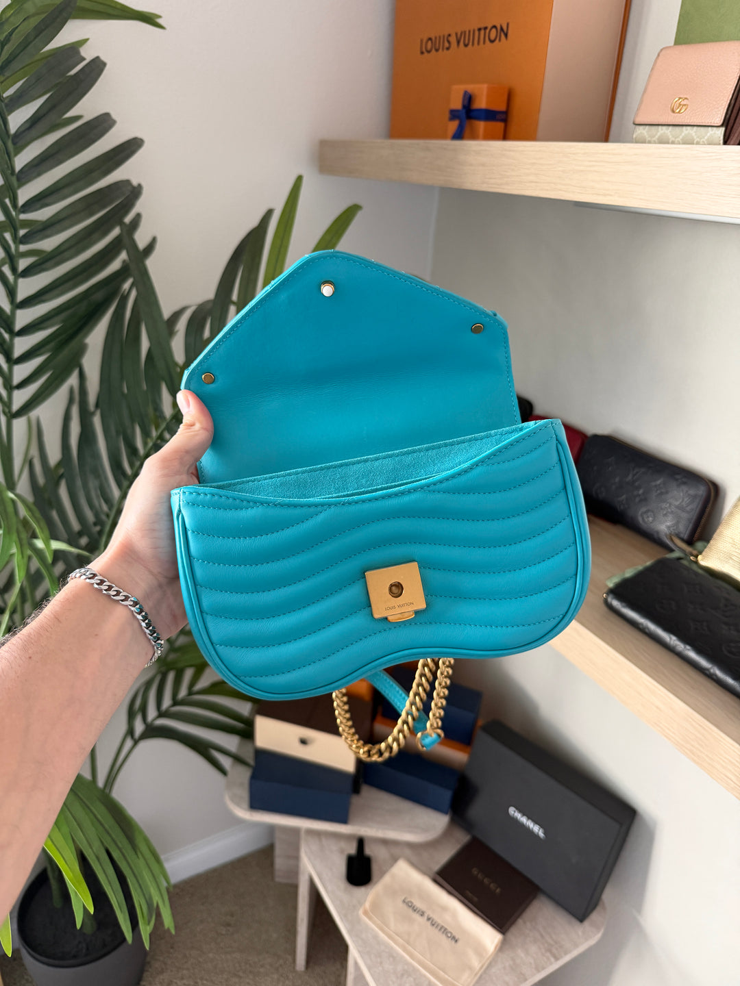 Louis Vuitton New Wave PM Chain Shoulder Bag Baby Blue w/Dust Bag QAS3