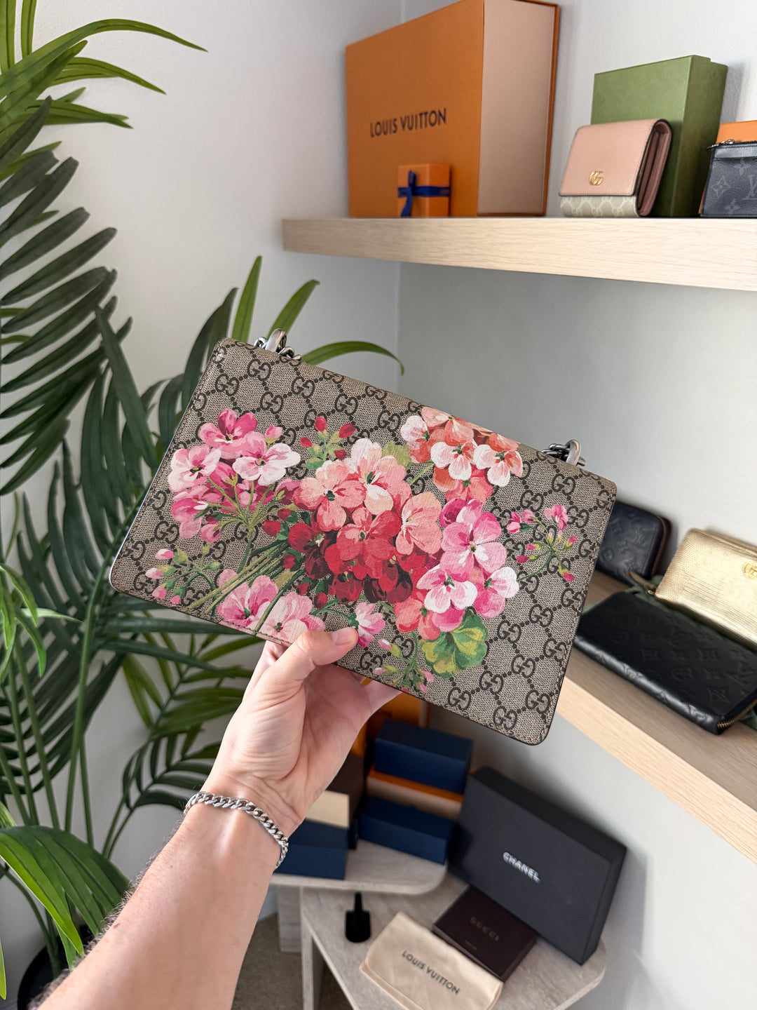 Gucci GG Blooms Dionysus PVC x Suede Chain Shoulder Bag Beige QAS6