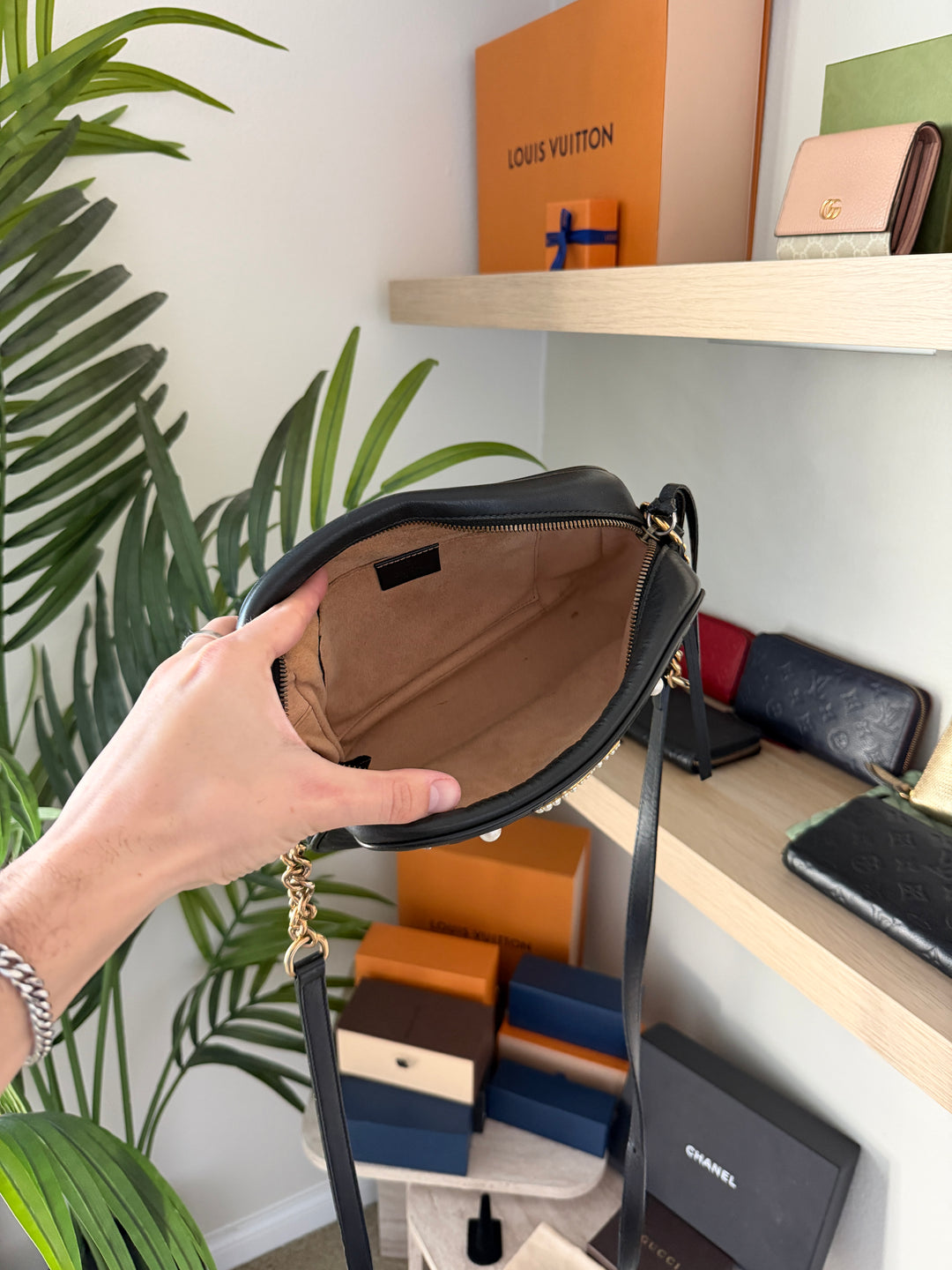 Gucci GG Marmont Leather x Pearl Chain Shoulder Bag QAS7