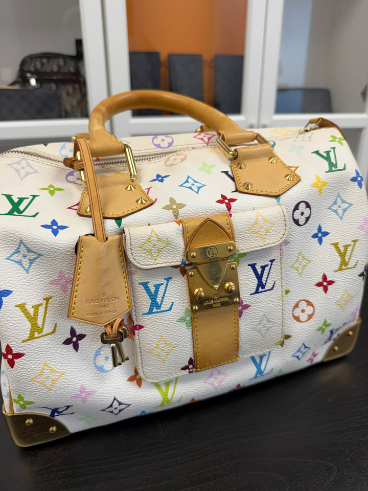 Louis Vuitton Monogram Murakami Multicolor Speedy 30 Handbag White w/Dust Bag GH10