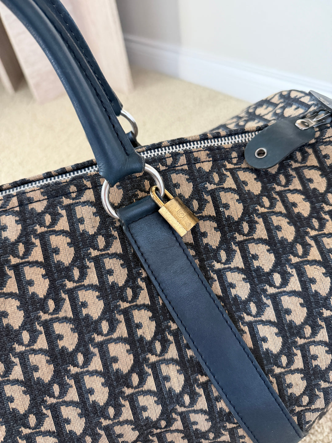 Dior Trotter Canvas x Leather Boston Bag Navy Blue x Black w/Lock VTR9