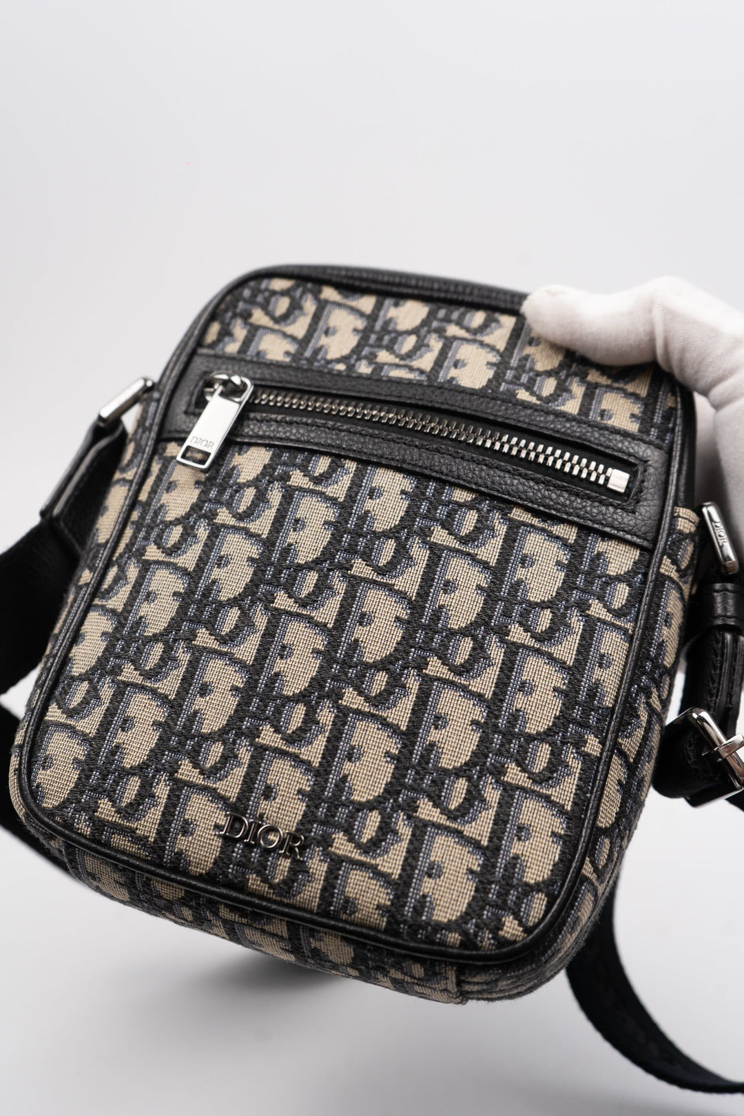 Dior Oblique Canvas x Leather Crossbody Bag Bag Navy x Black EX8
