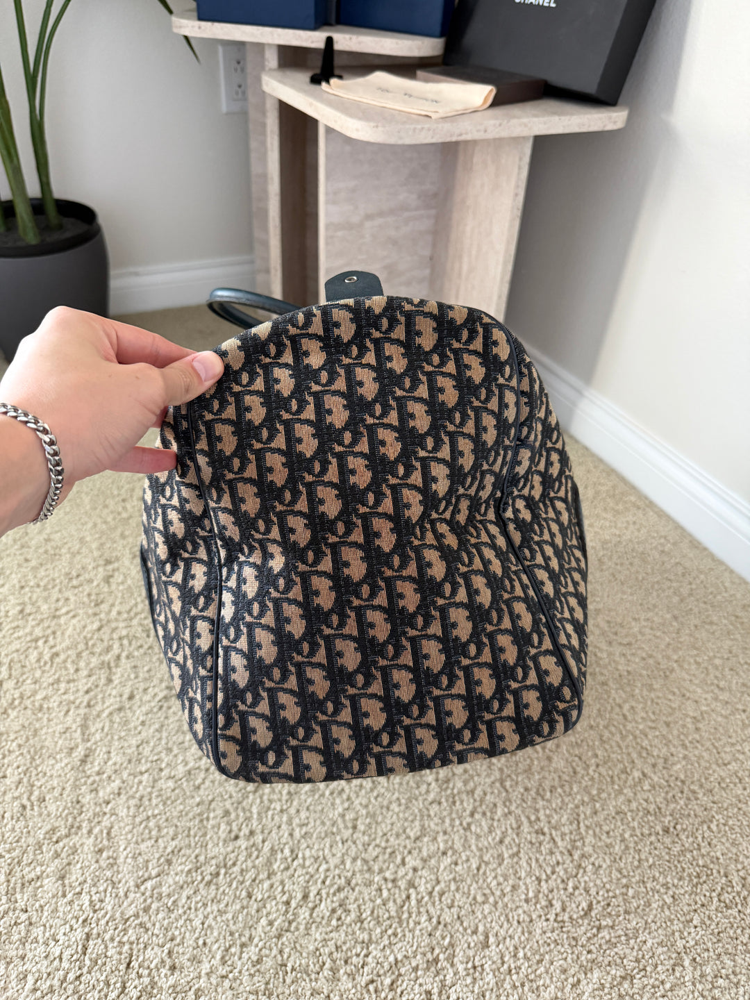 Dior Trotter Canvas x Leather Boston Bag Navy Blue x Black w/Lock VTR9