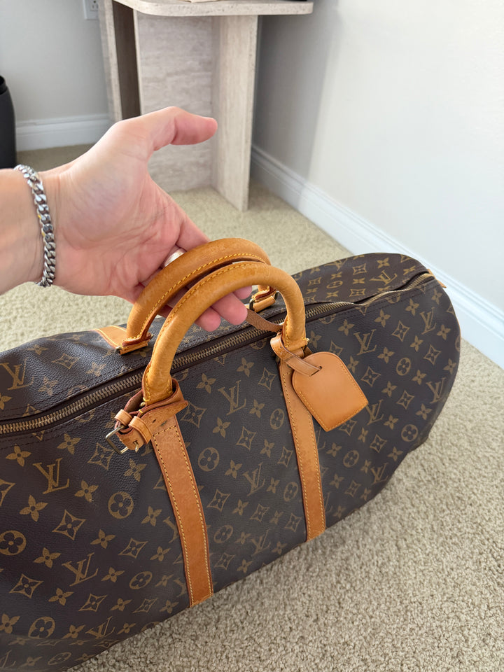 Louis Vuitton Monogram Keepall 55 Travel Boston Bag Brown w/Lock & Key TRY3