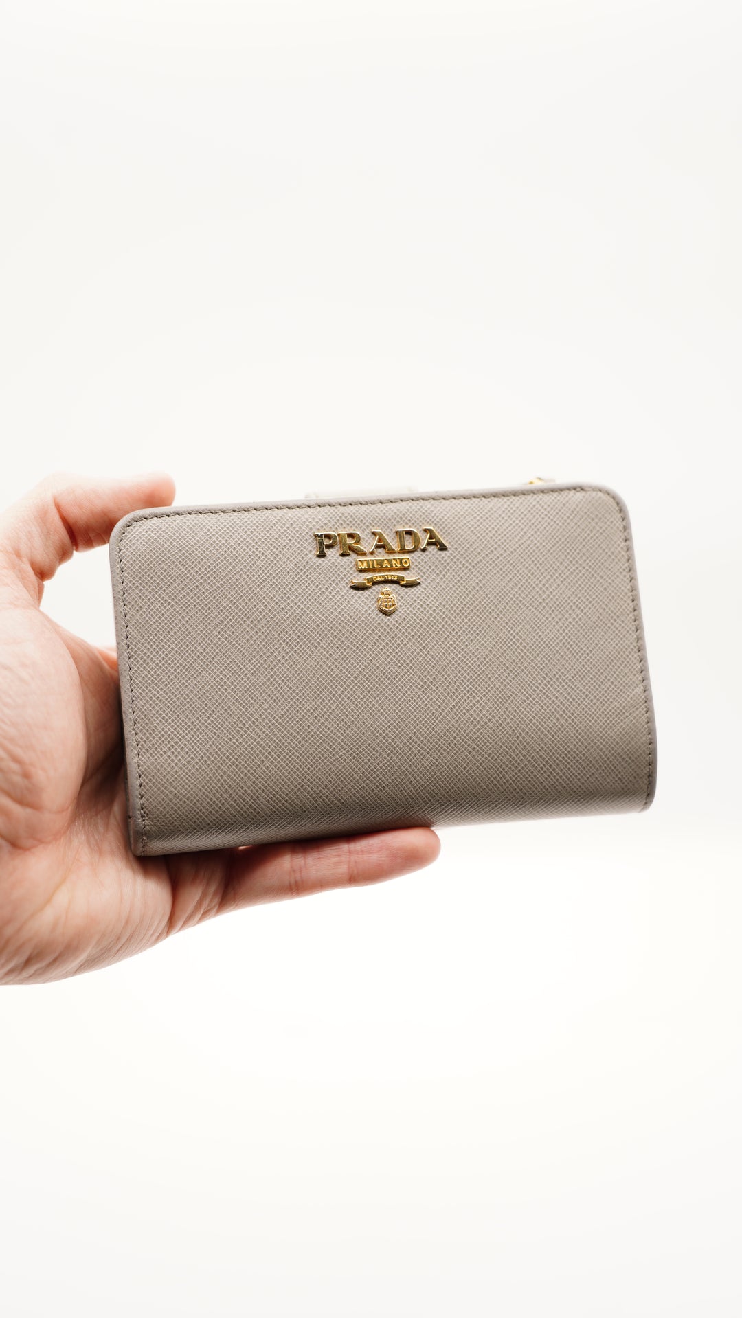 Prada Saffiano Compact Zip/Bifold Wallet Grey