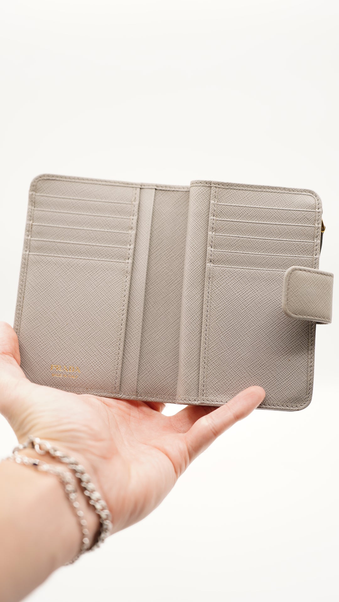 Prada Saffiano Compact Zip/Bifold Wallet Grey