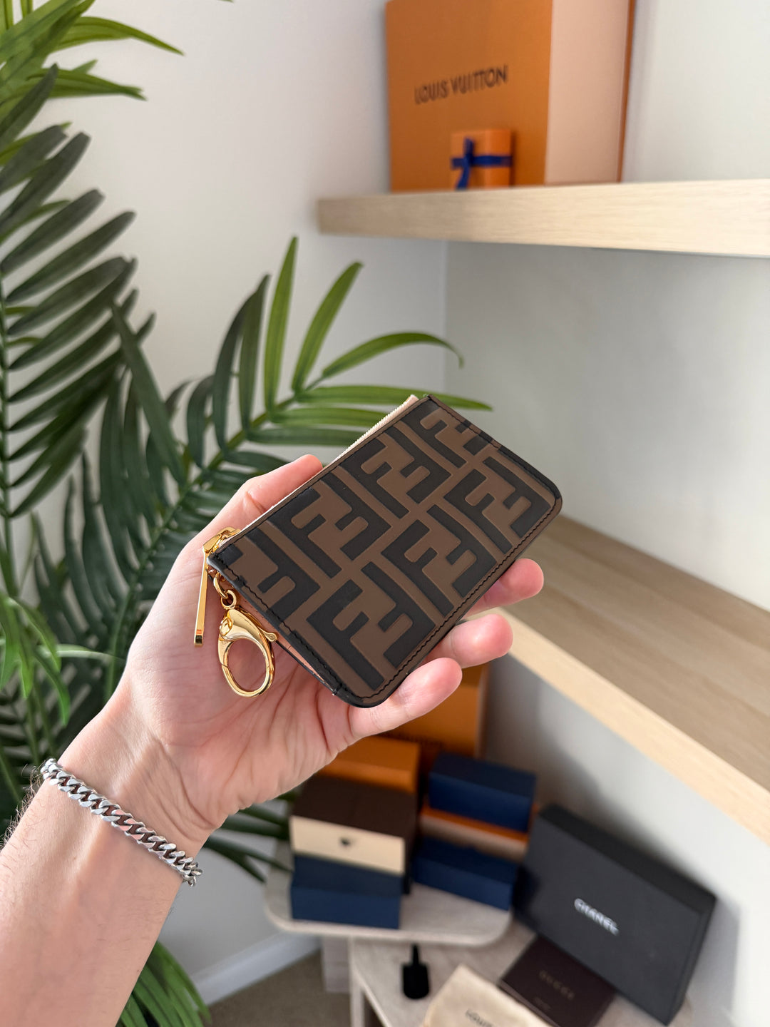 Fendi Zucca Leather Pochette Cles Coin Wallet Brown x Pink w/Full Inclusion VTR8