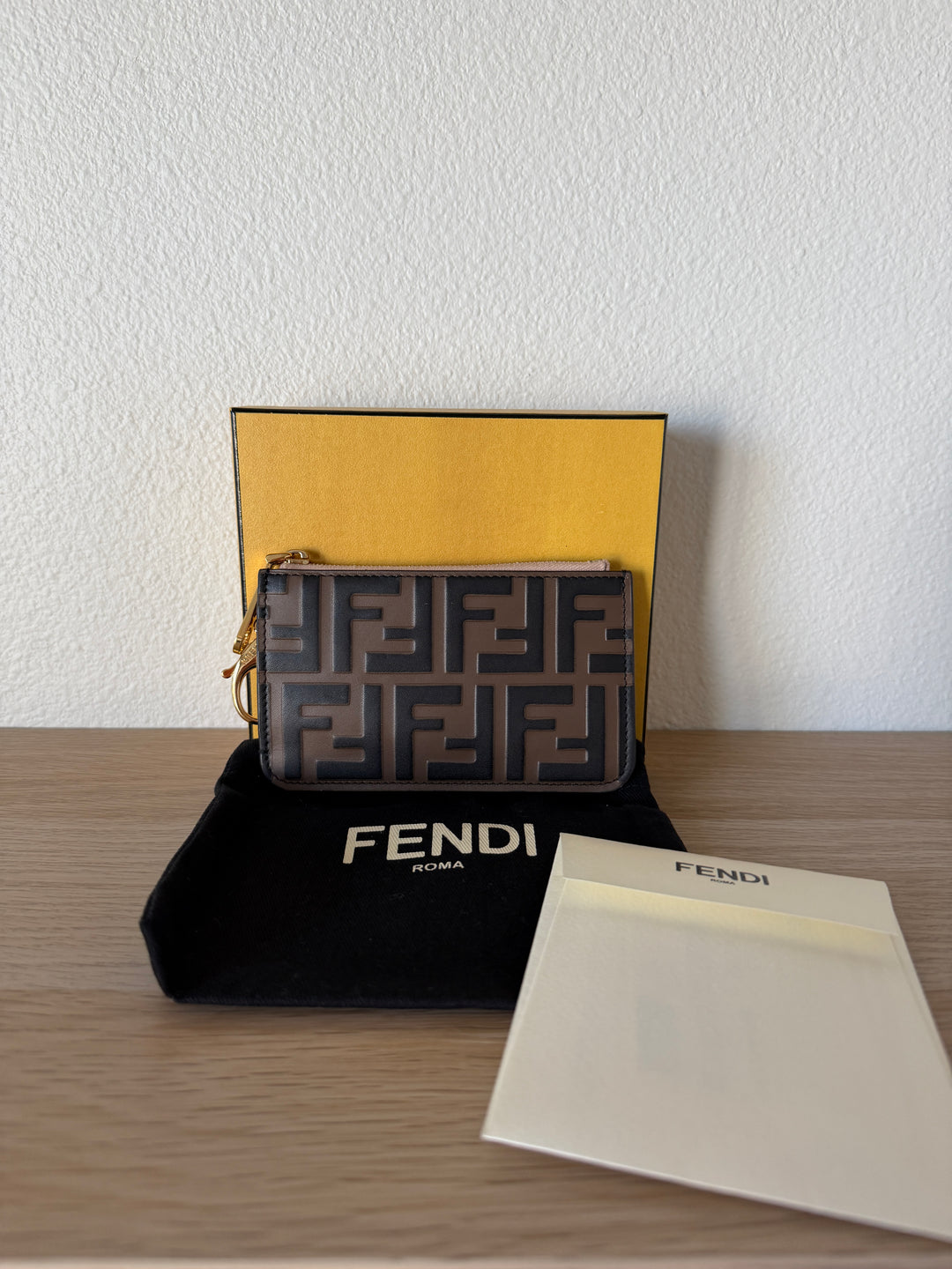 Fendi Zucca Leather Pochette Cles Coin Wallet Brown x Pink w/Full Inclusion VTR8