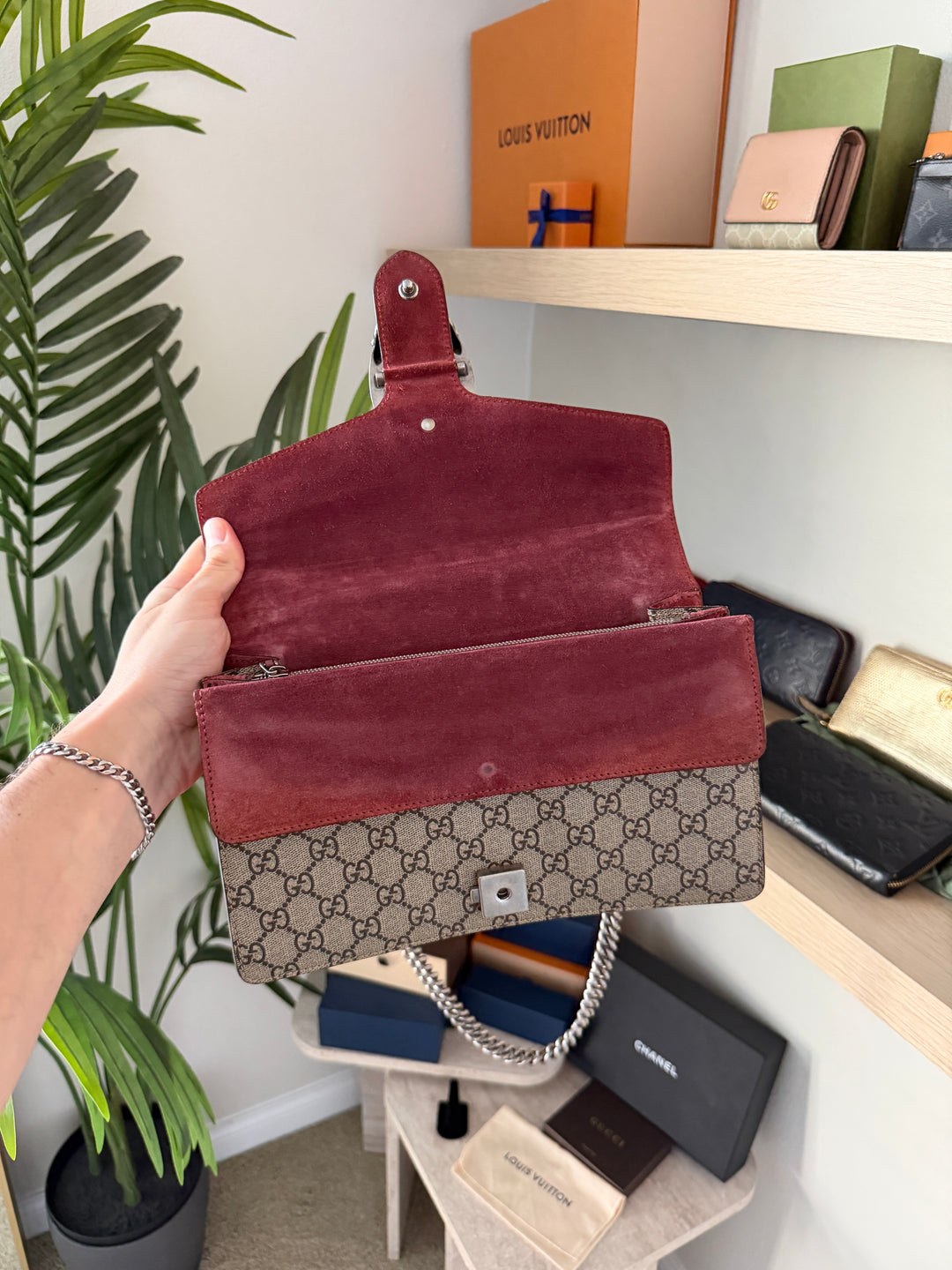 Gucci GG Blooms Dionysus PVC x Suede Chain Shoulder Bag Beige QAS6