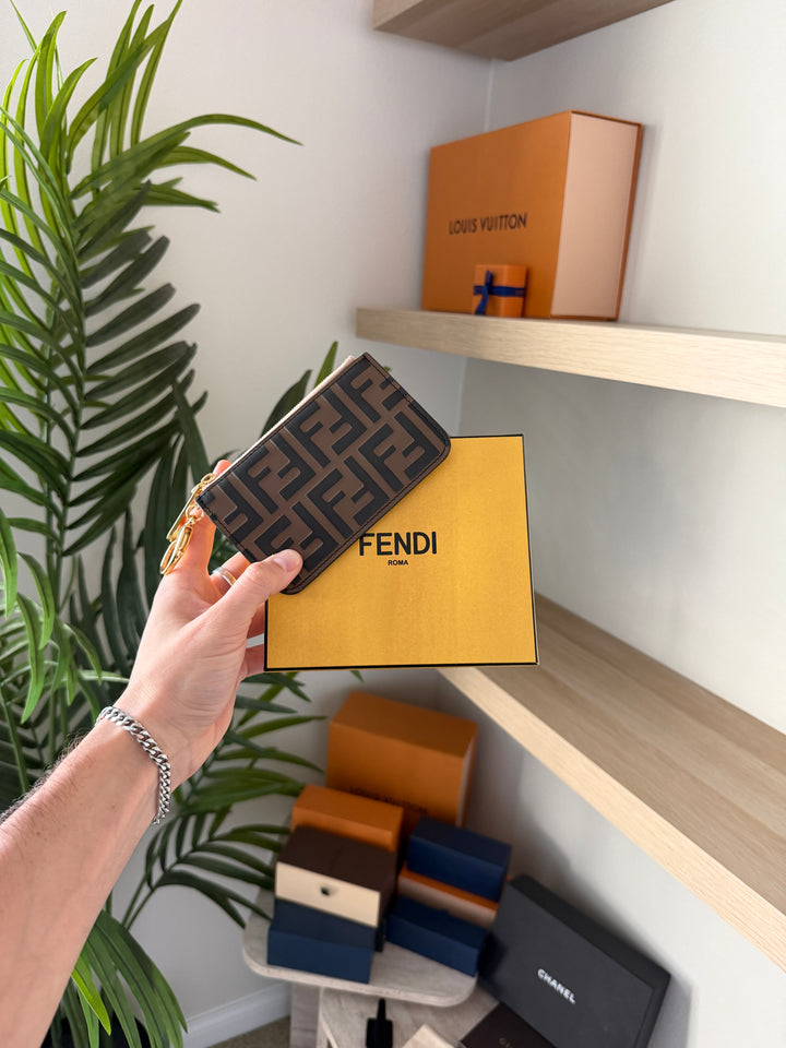 Fendi Zucca Leather Pochette Cles Coin Wallet Brown x Pink w/Full Inclusion VTR8