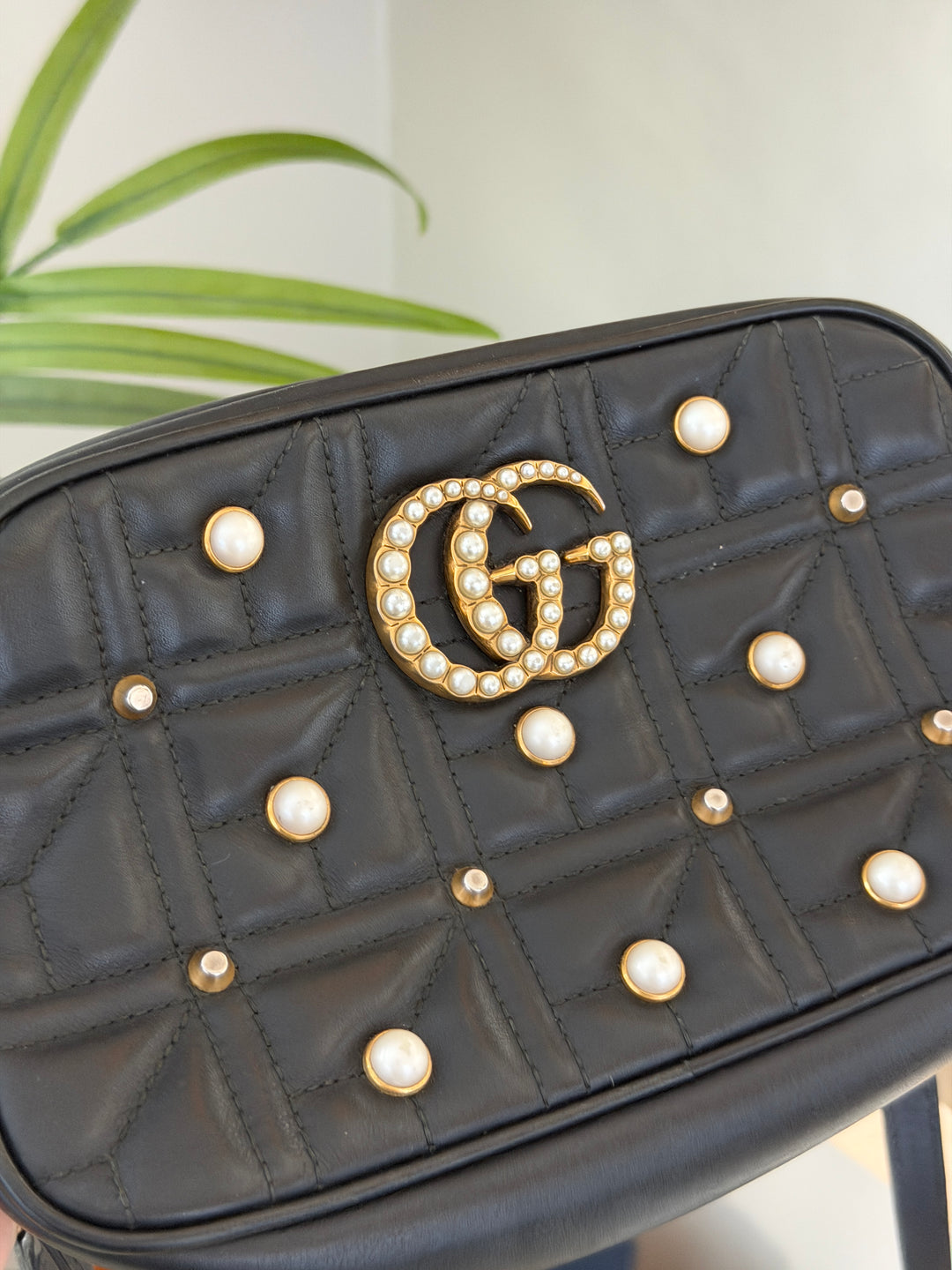 Gucci GG Marmont Leather x Pearl Chain Shoulder Bag QAS7