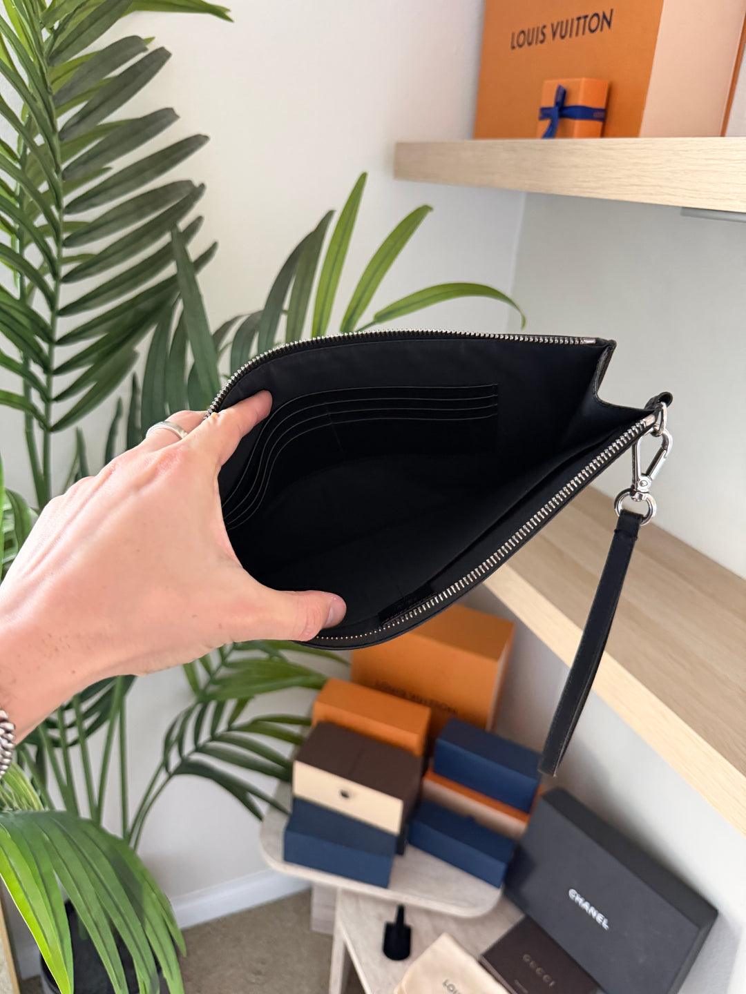 Fendi Zucca Leather Clutch Bag Black x Yellow x Gray w/Wristlet TRY4