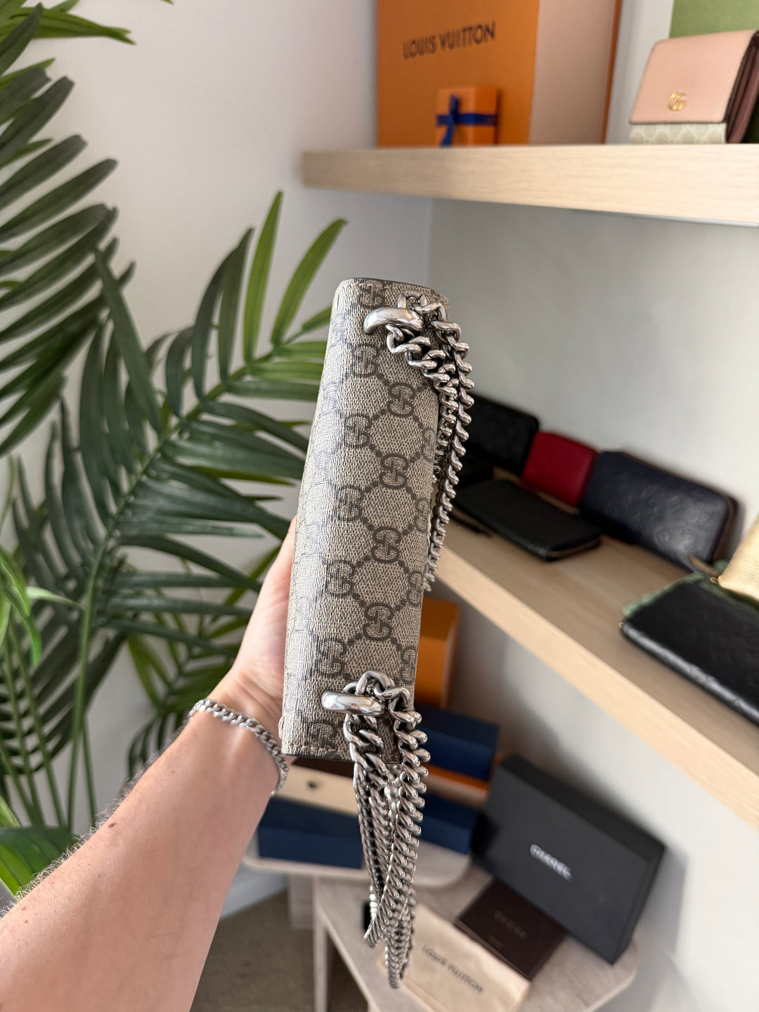 Gucci GG Supreme Dionysus PVC Leather x Suede Chain Shoulder Bag Beige QAS5