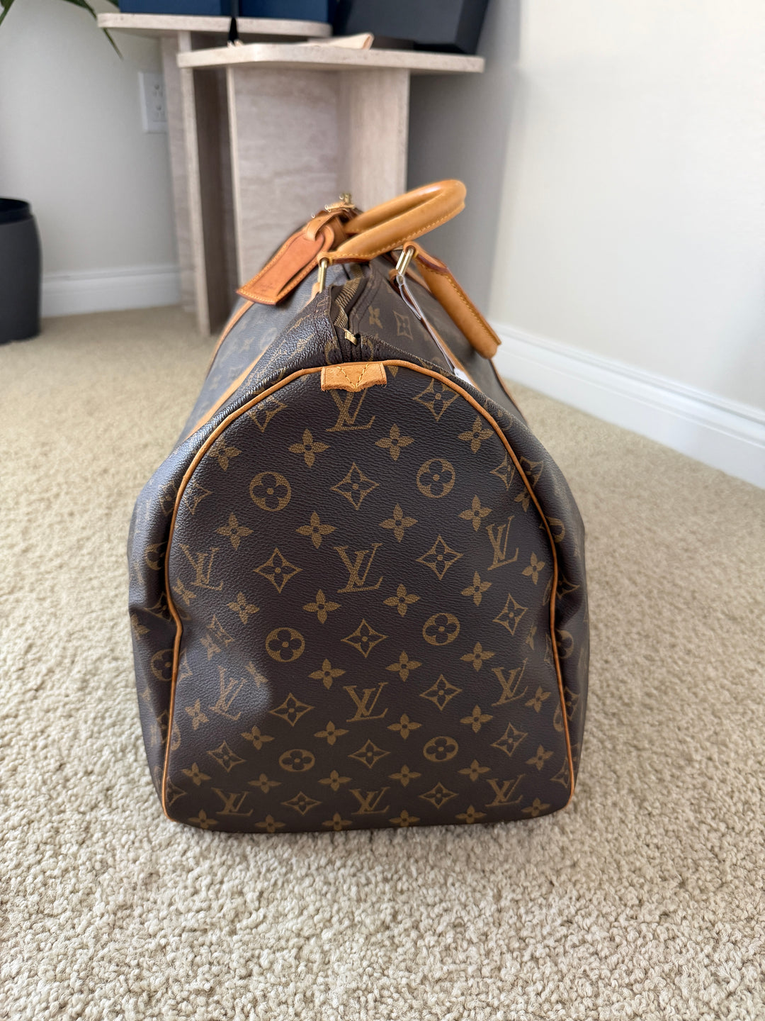 Louis Vuitton Monogram Keepall 55 Travel Boston Bag Brown w/Lock & Key TRY3