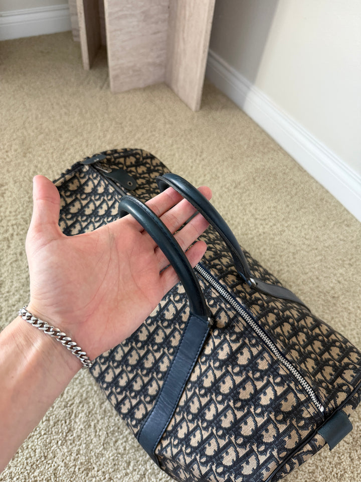 Dior Trotter Canvas x Leather Boston Bag Navy Blue x Black w/Lock VTR9