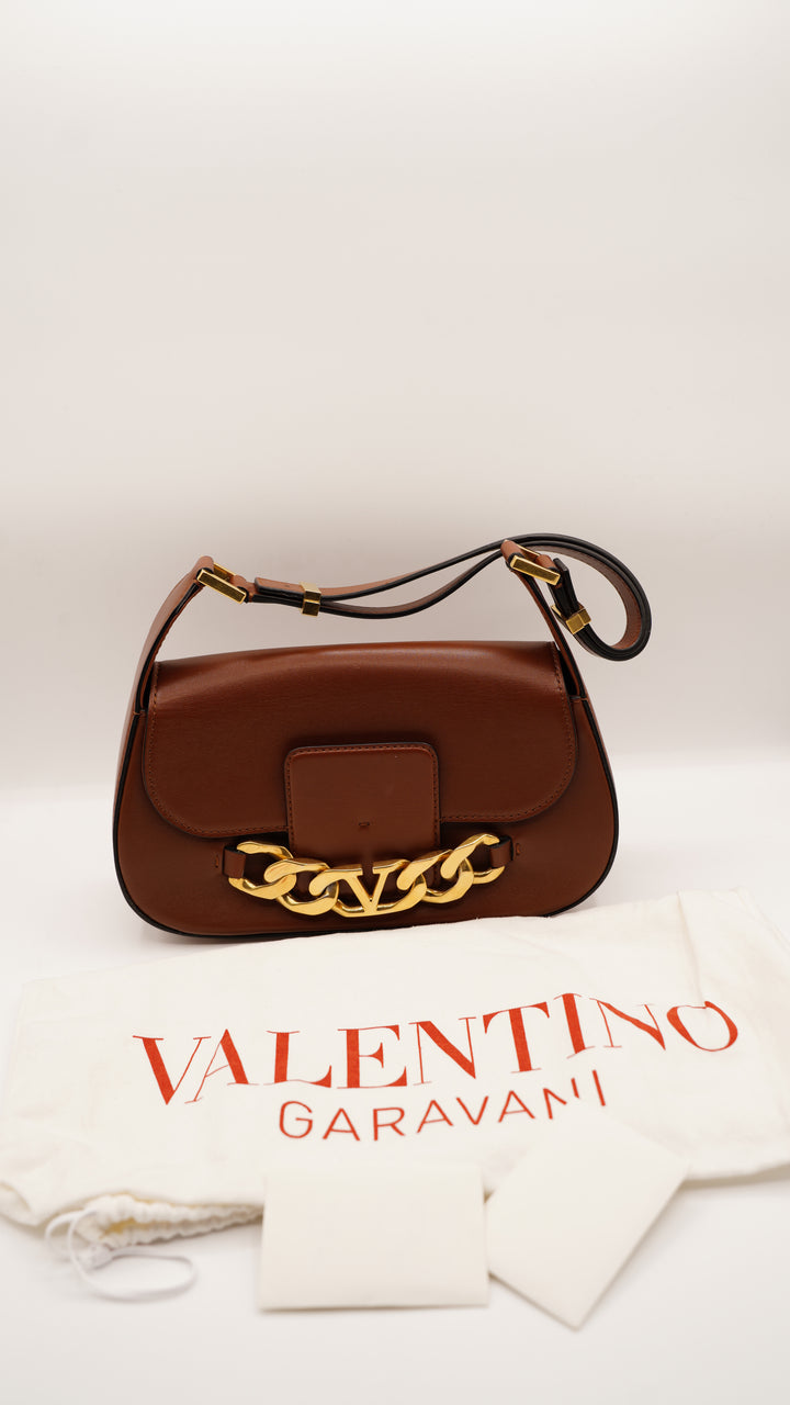 Valentino Leather Gold Cuban Link Shoulder Bag Brown