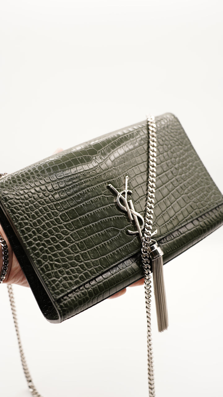 Saint Laurent Green Embossed Croc Medium Kate Crossbody Bag