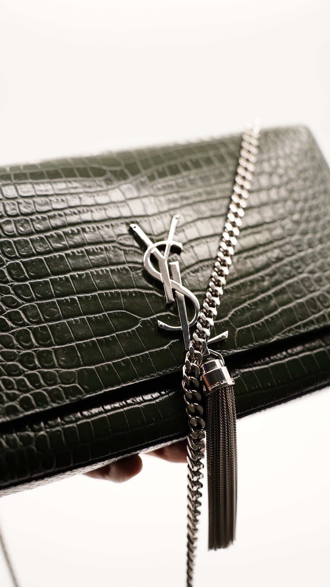 Saint Laurent Green Embossed Croc Medium Kate Crossbody Bag