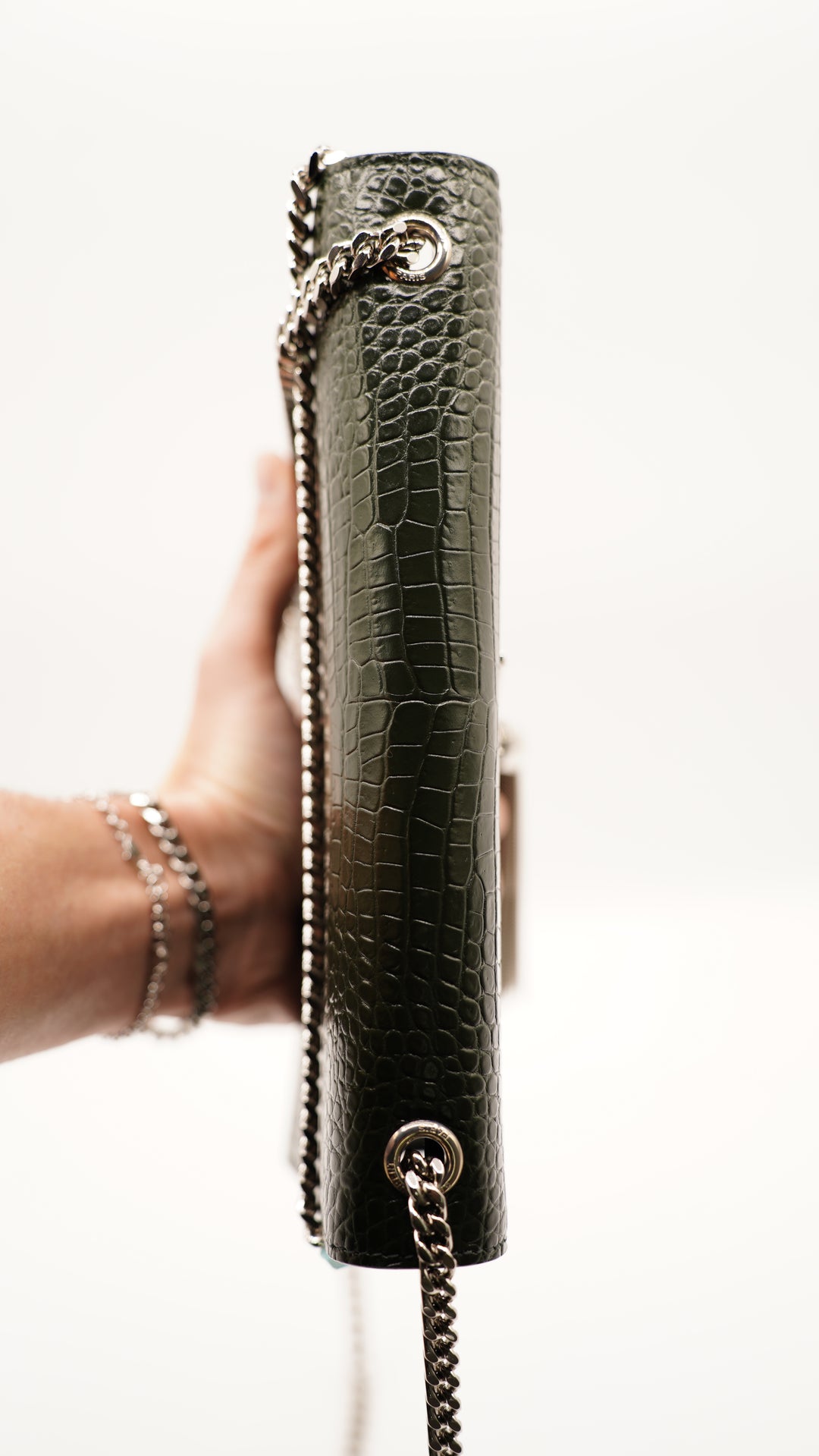 Saint Laurent Green Embossed Croc Medium Kate Crossbody Bag