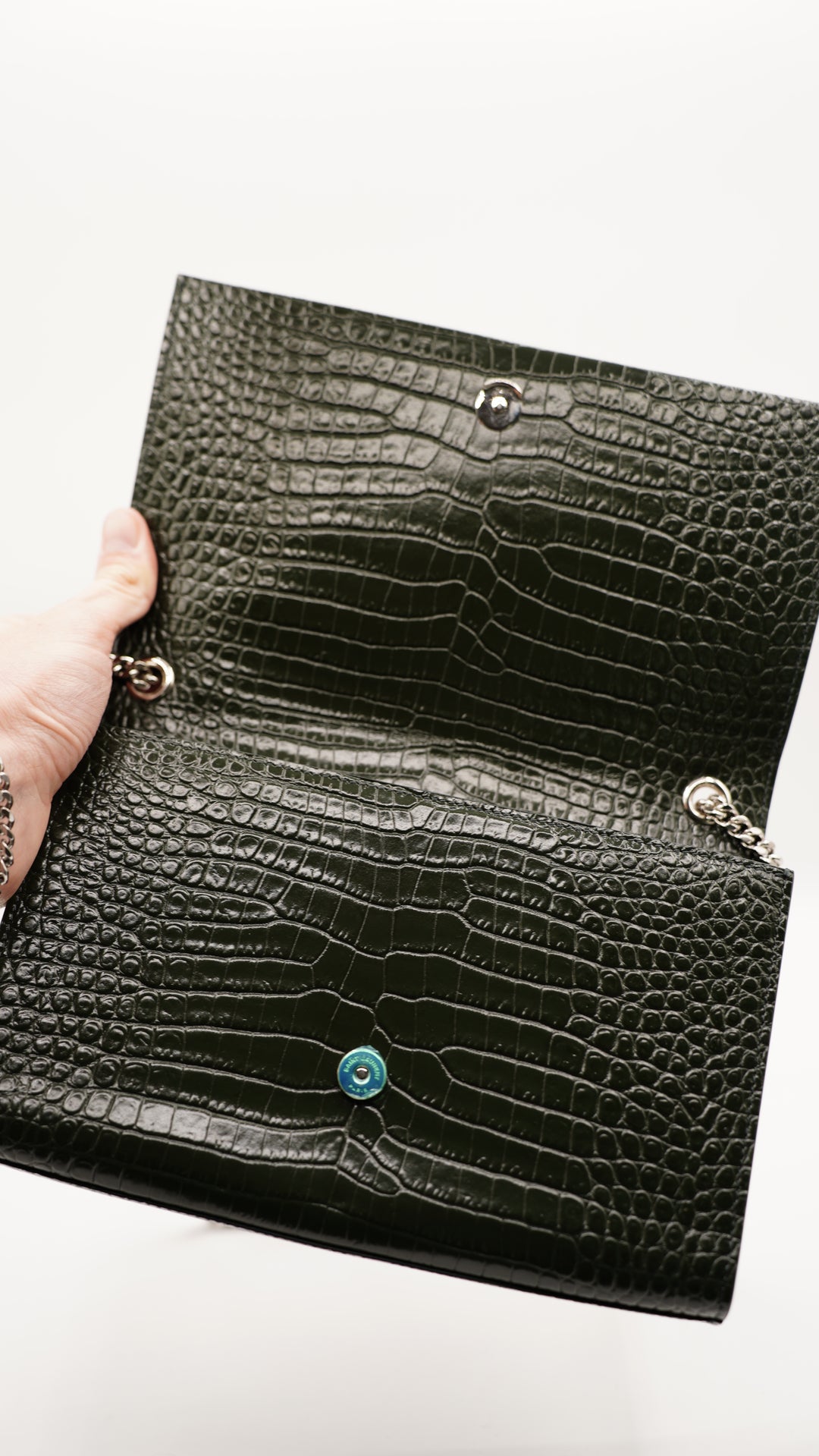 Saint Laurent Green Embossed Croc Medium Kate Crossbody Bag