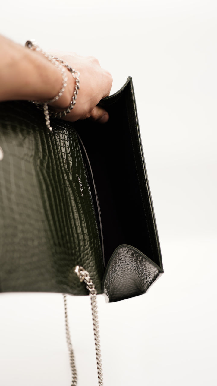 Saint Laurent Green Embossed Croc Medium Kate Crossbody Bag