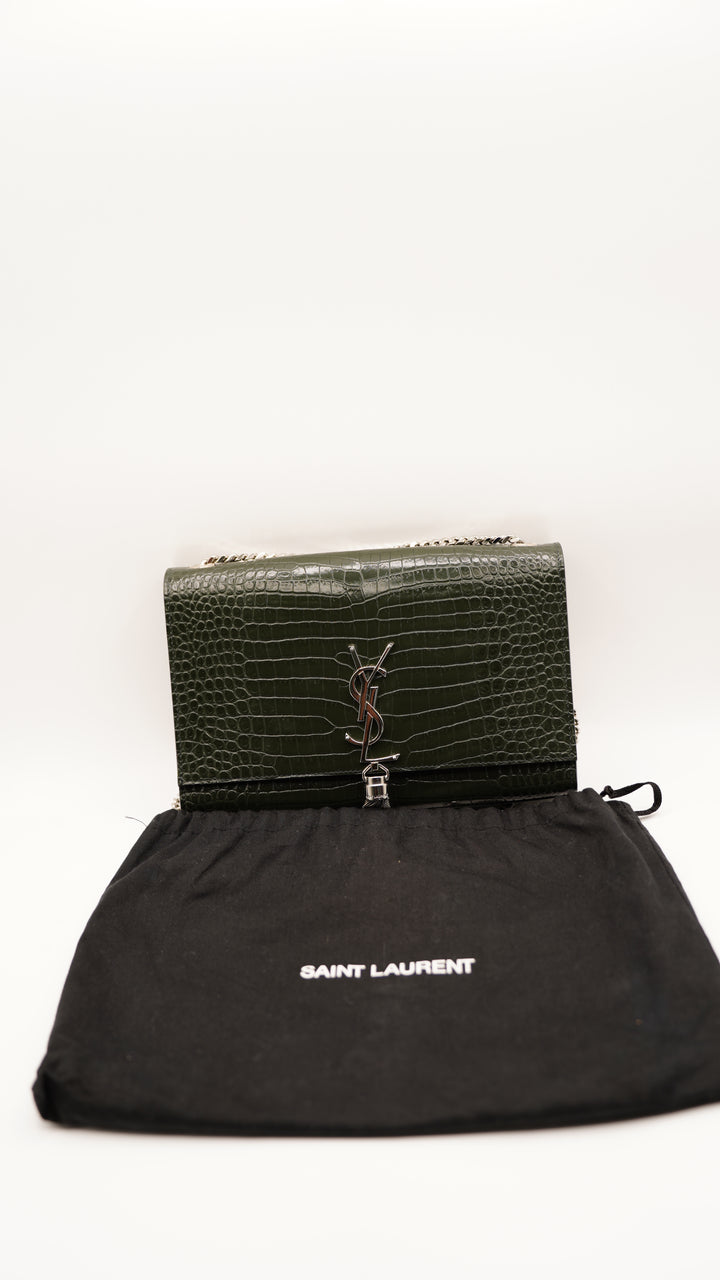 Saint Laurent Green Embossed Croc Medium Kate Crossbody Bag