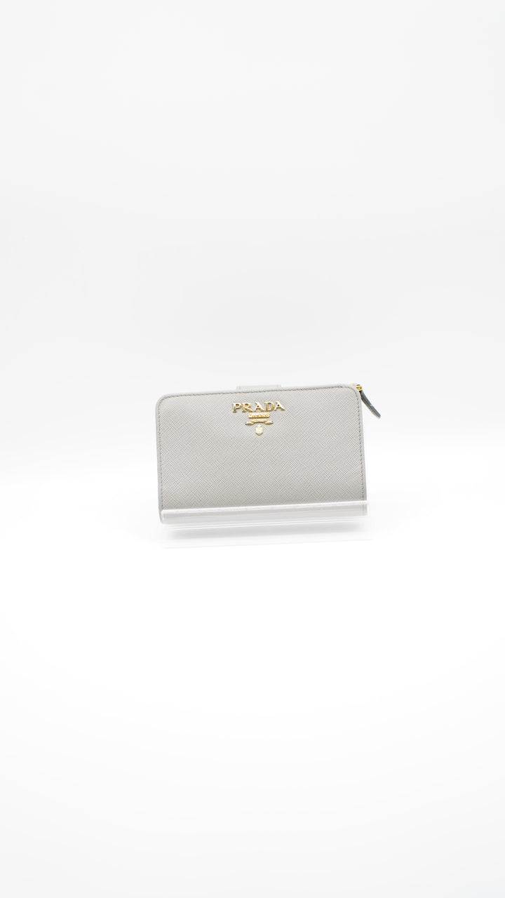 Prada Saffiano Compact Zip/Bifold Wallet Grey