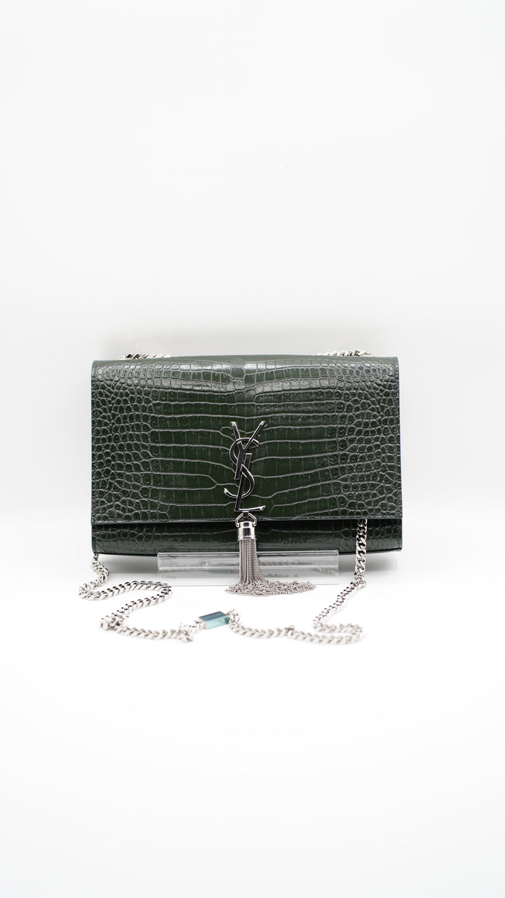 Saint Laurent Green Embossed Croc Medium Kate Crossbody Bag