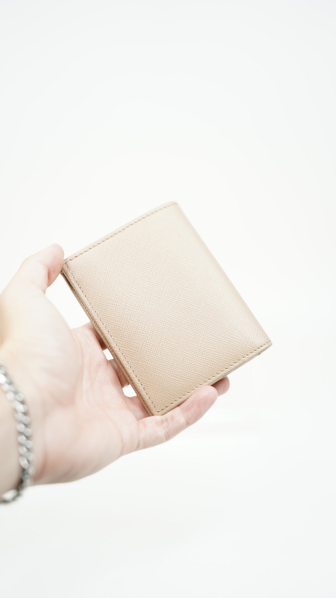 Prada Saffiano Compact Snap Bifold Wallet Beige BM5