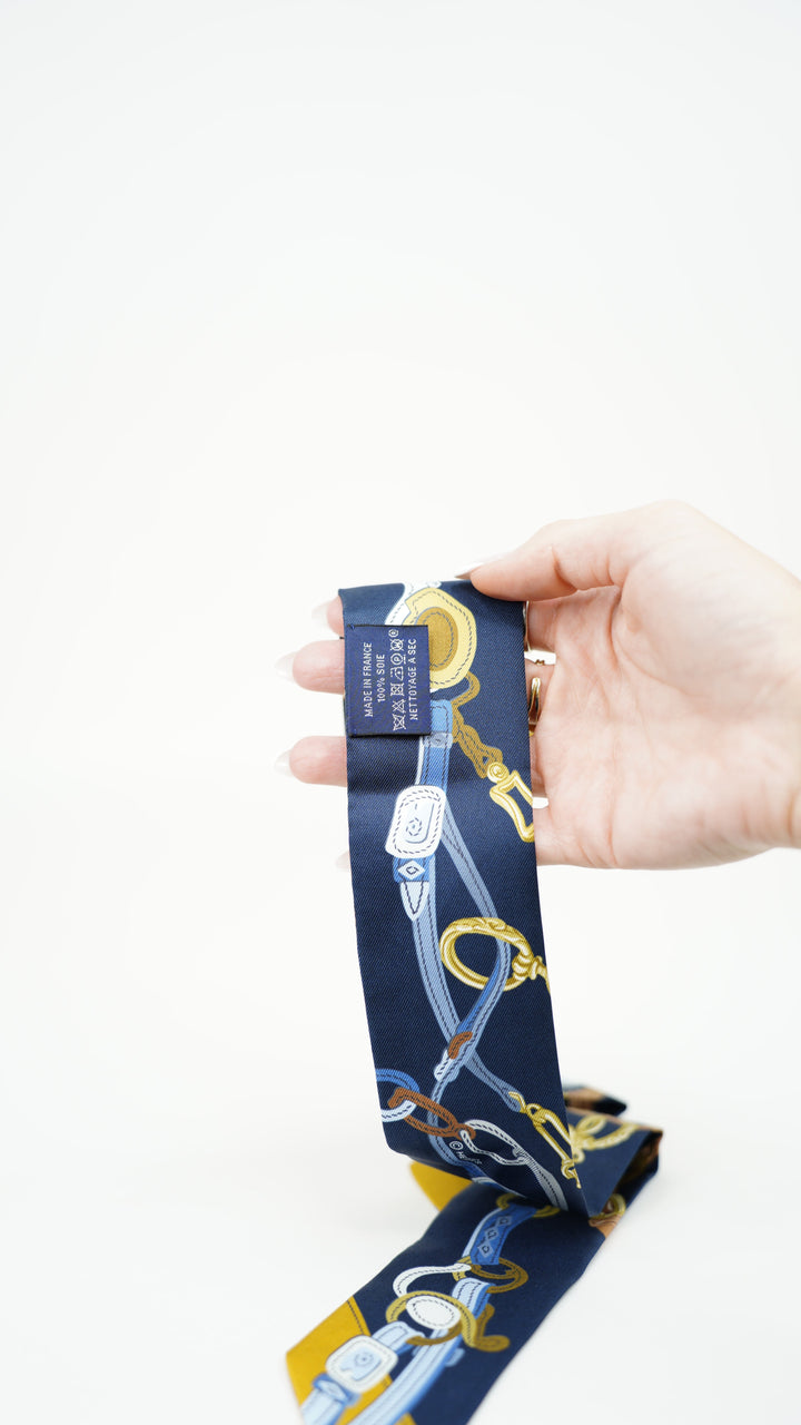 Hermes Twilly Brides De Gala Ceremony Hose Silk Twilly Navy Blue x Gold BM34