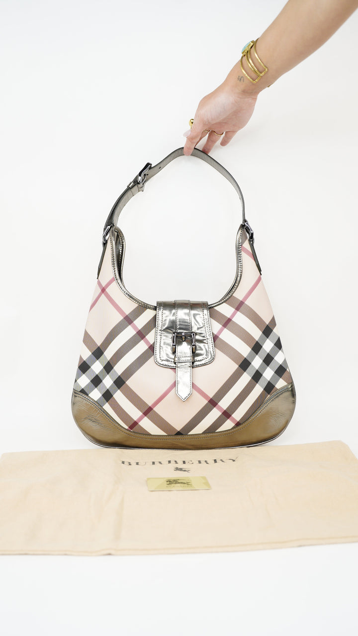 Burberry Nova Check Metallic Silver Shoulder Bag HI61
