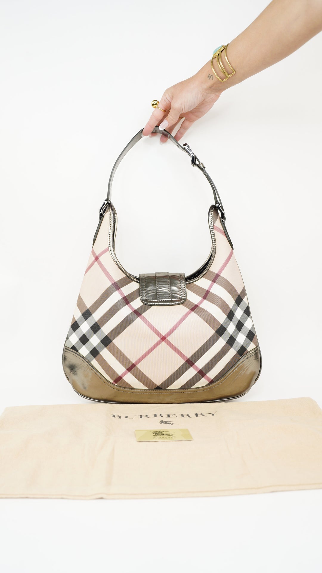 Burberry Nova Check Metallic Silver Shoulder Bag HI61