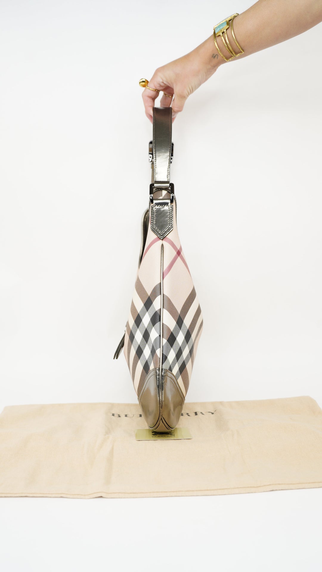 Burberry Nova Check Metallic Silver Shoulder Bag HI61