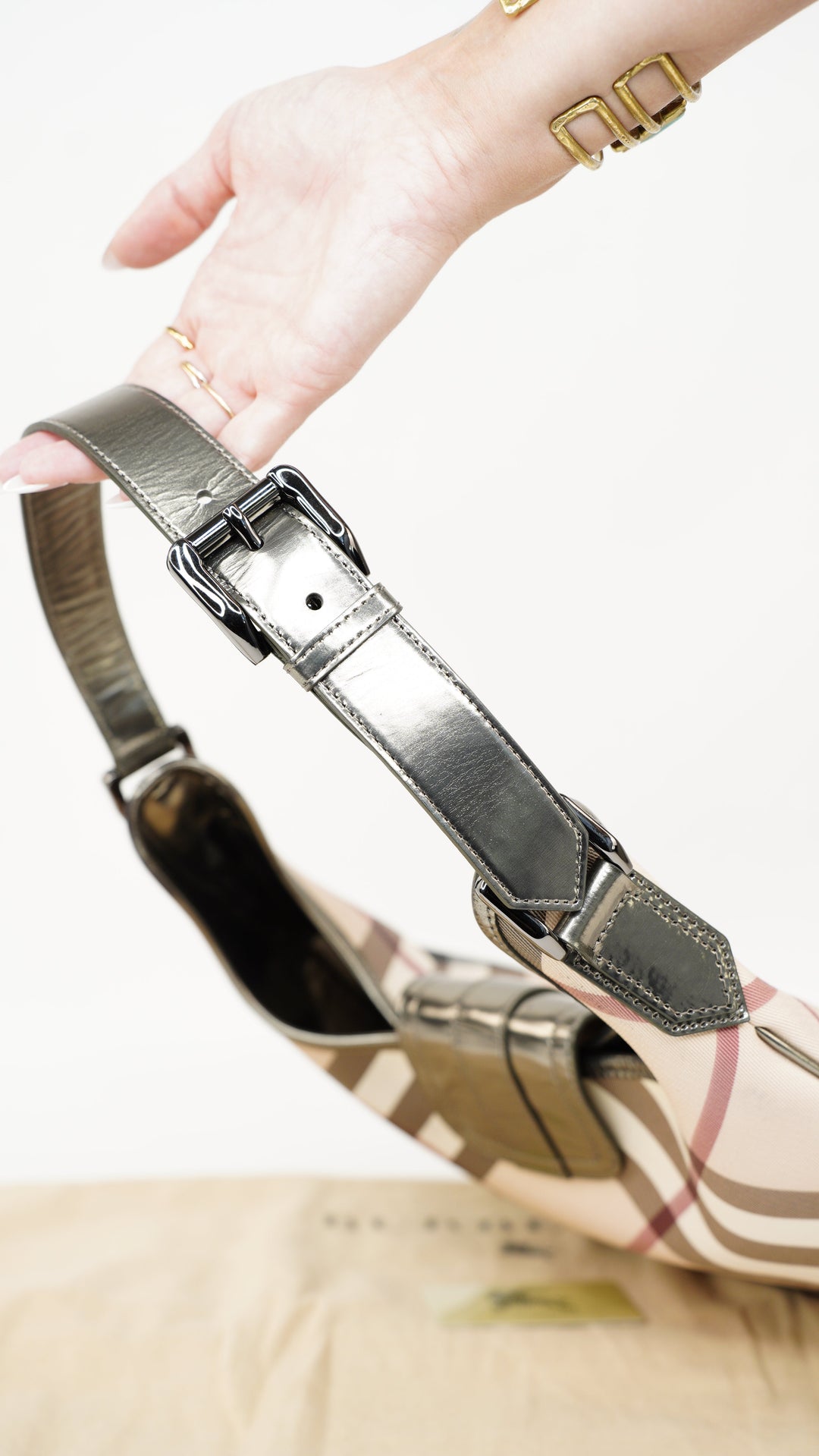 Burberry Nova Check Metallic Silver Shoulder Bag HI61