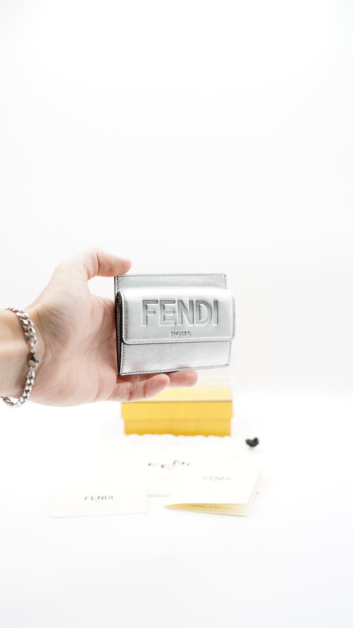Fendi Silver Leather Logo Card Case SS23