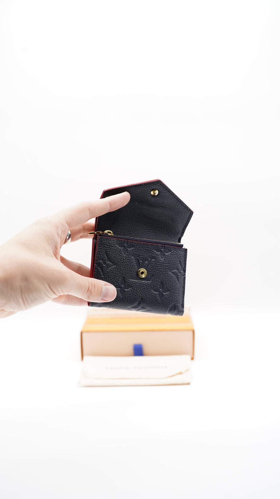 Louis Vuitton Monogram Empreinte Compact Portefeuille Zoé Trifold Wallet Navy Blue x Red #359