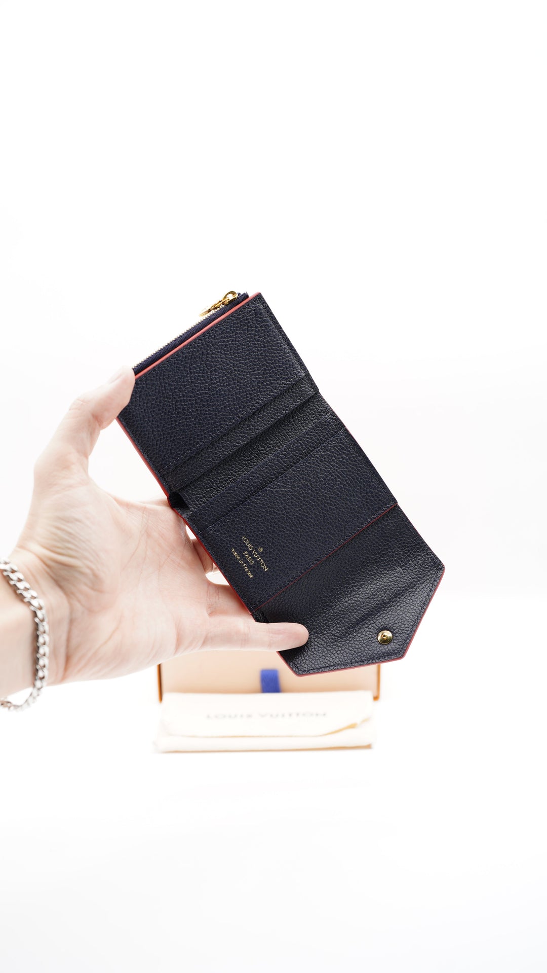 Louis Vuitton Monogram Empreinte Compact Portefeuille Zoé Trifold Wallet Navy Blue x Red #359