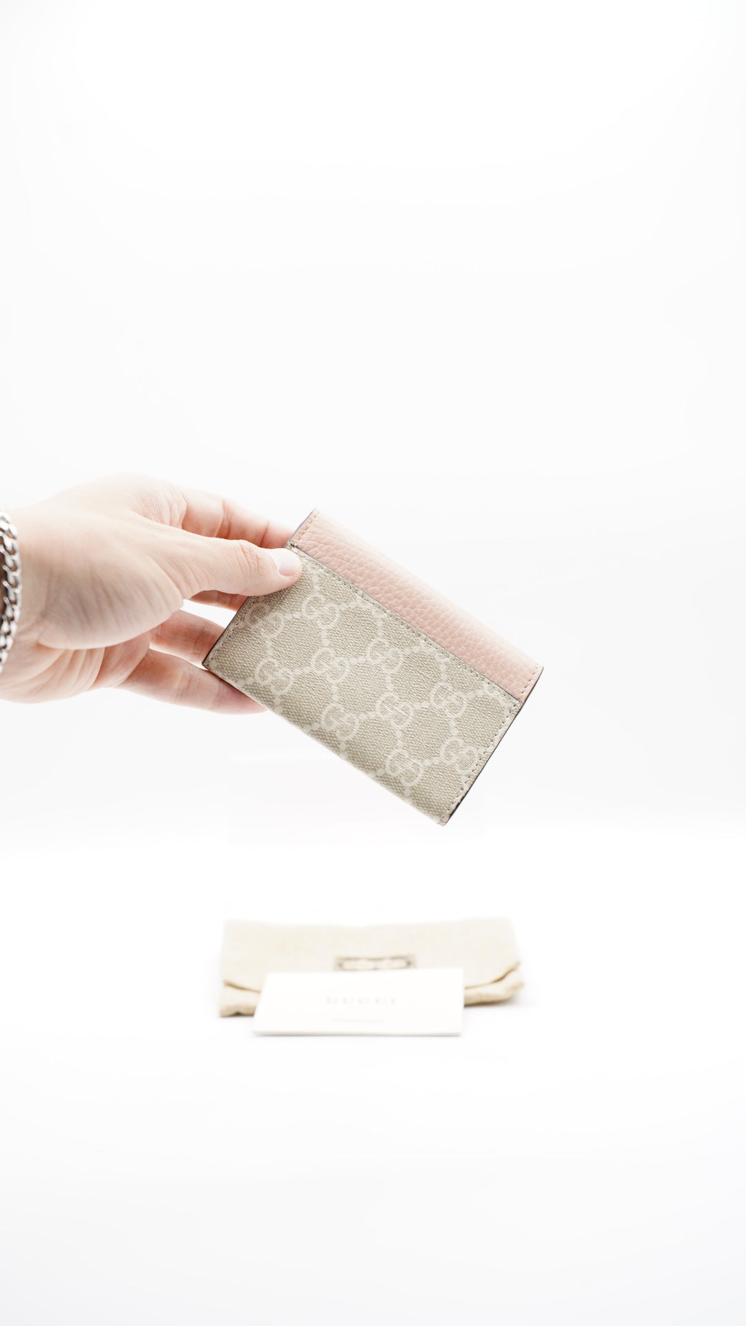 Gucci GG Marmont Single Snap Card Case Wallet Beige x Pink #237