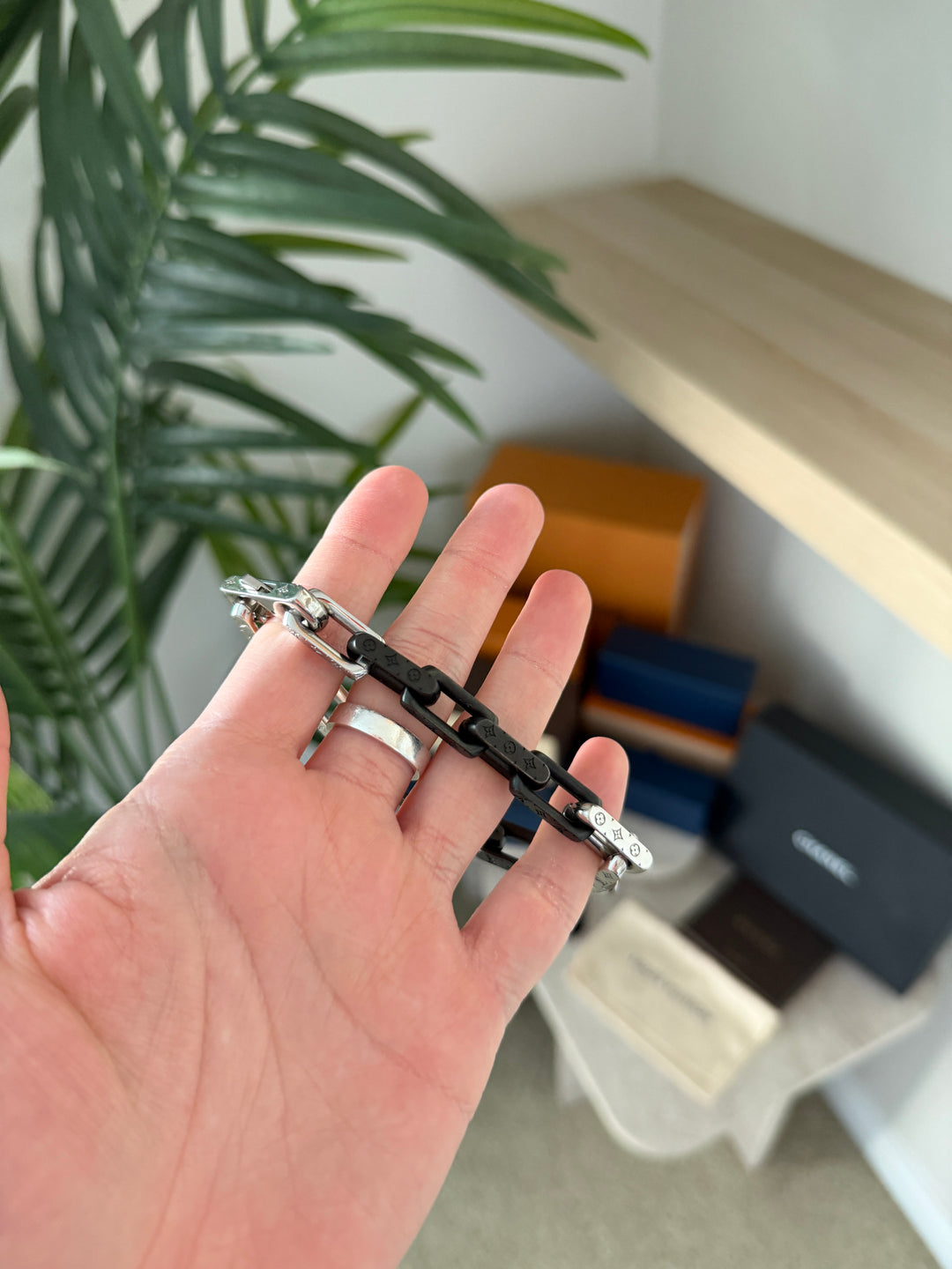 Louis Vuitton Monogram Two-Tone Chain Bracelet Black x Silver w/Full Inclusion VTR6