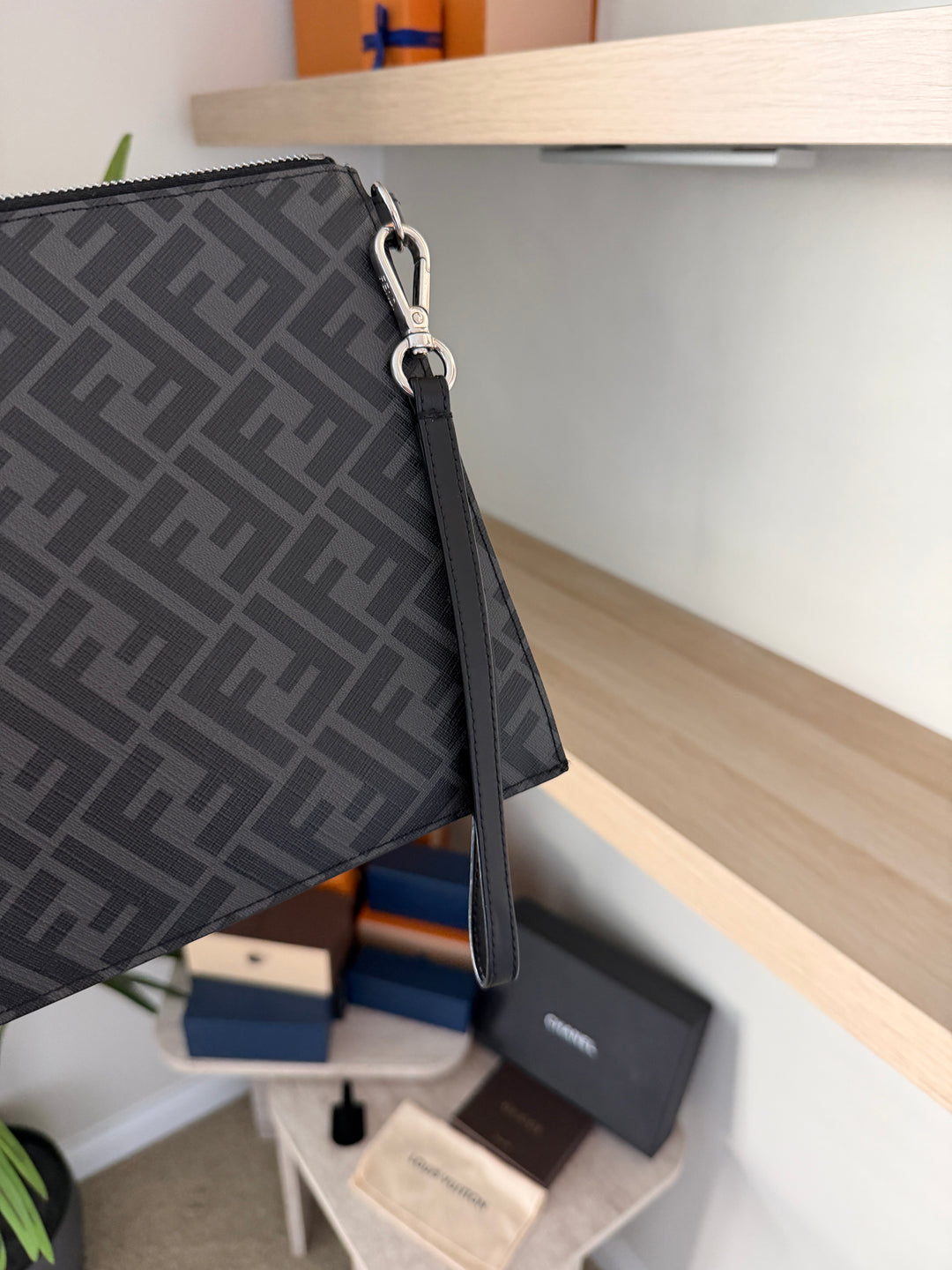 Fendi Zucca Leather Clutch Bag Black x Yellow x Gray w/Wristlet TRY4