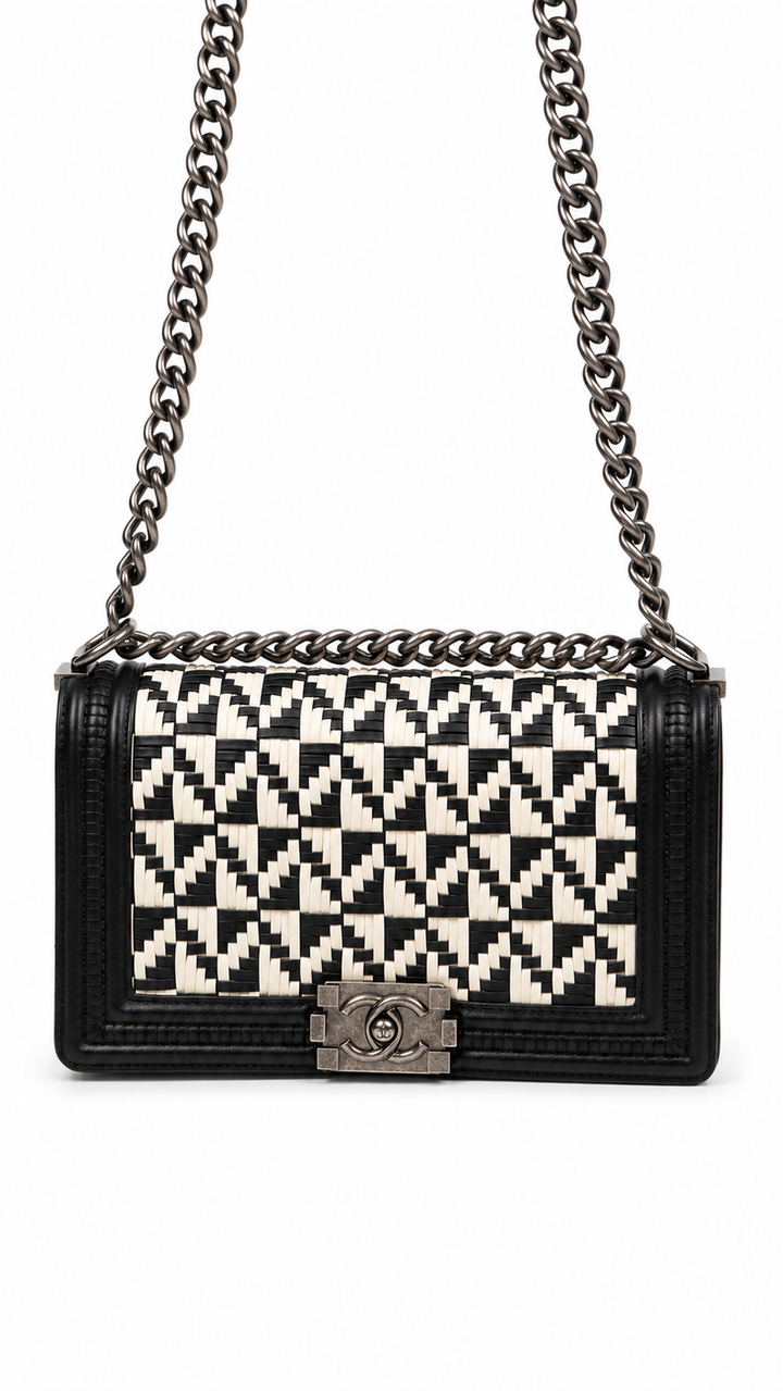 Chanel Boy Chanel 25 Lambskin Chain Shoulder Bag Black x White EX14