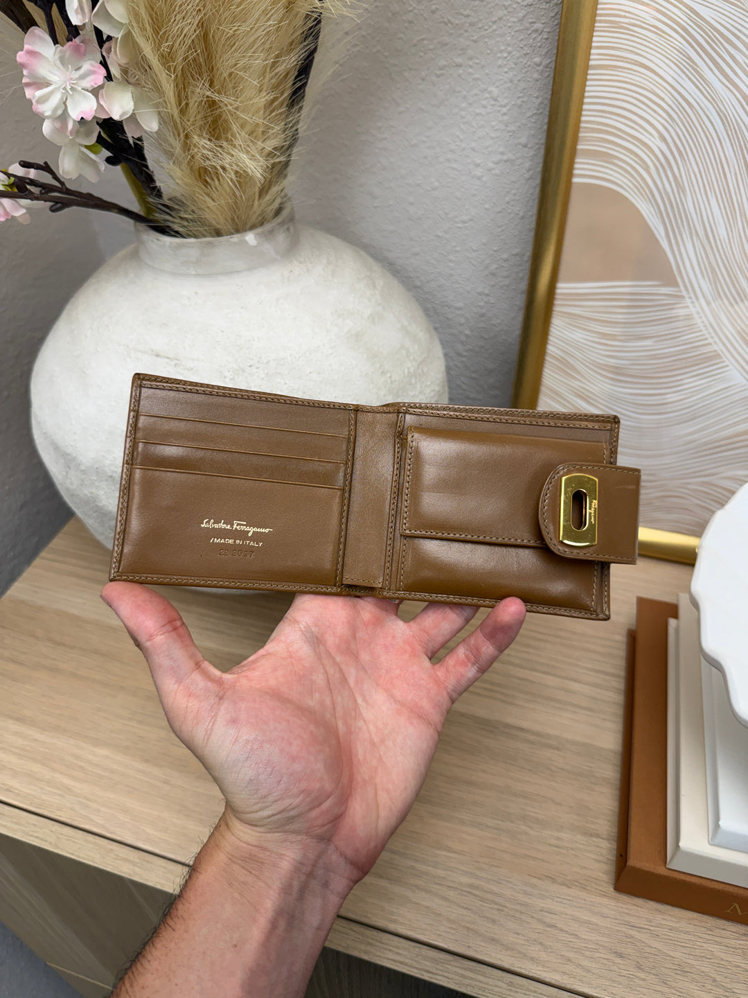 Salvatore Ferragamo Gancini Leather Folding Wallet Brown SL58