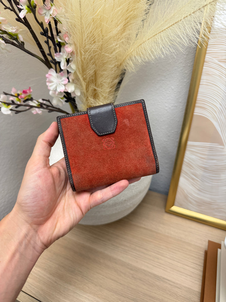 Loewe Suede Double Snap Wallet Brown x Red SL56